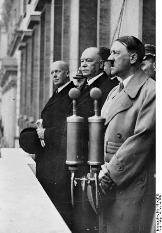 Adolf Hitler speaking to 15000 rail workers from the balcony of the Reich Chancellery